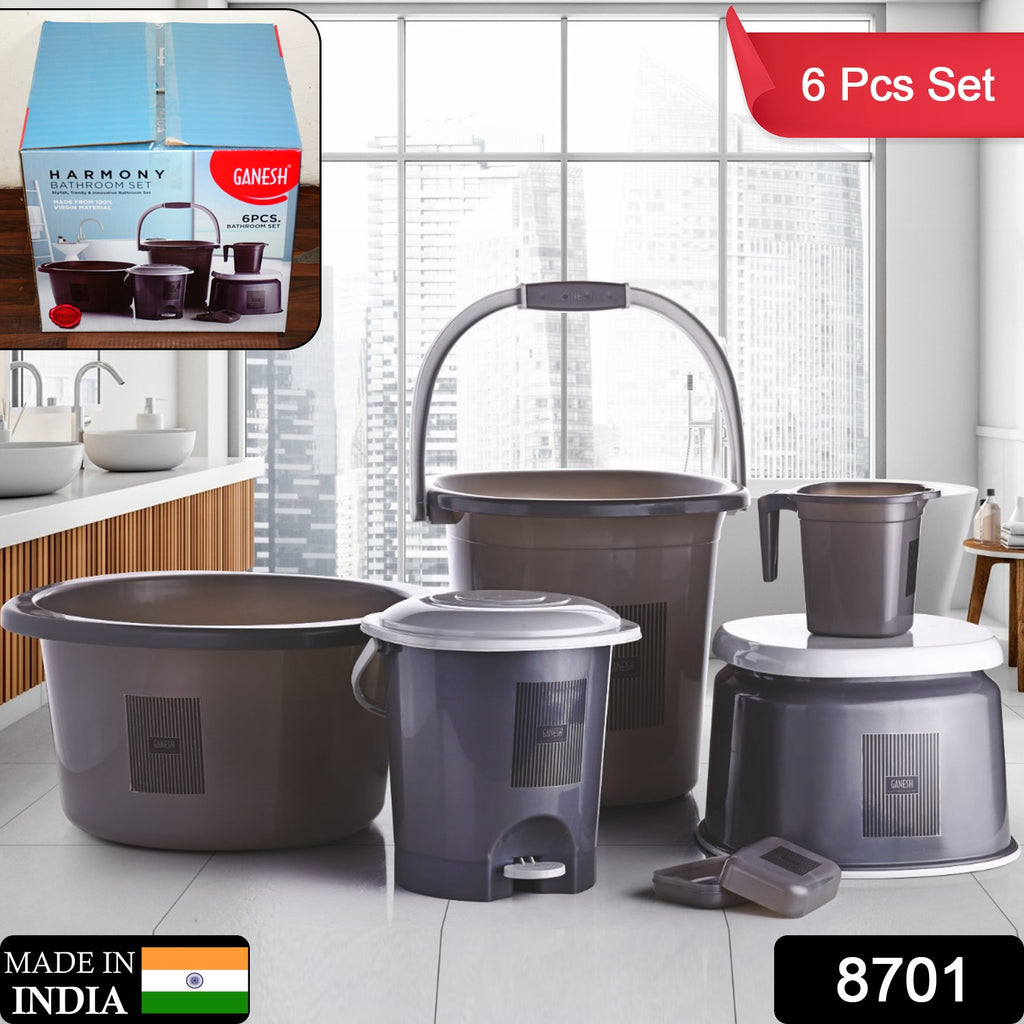 Plastic Bathroom Set, 6 Pcs Bucket, Stool & Soap Case