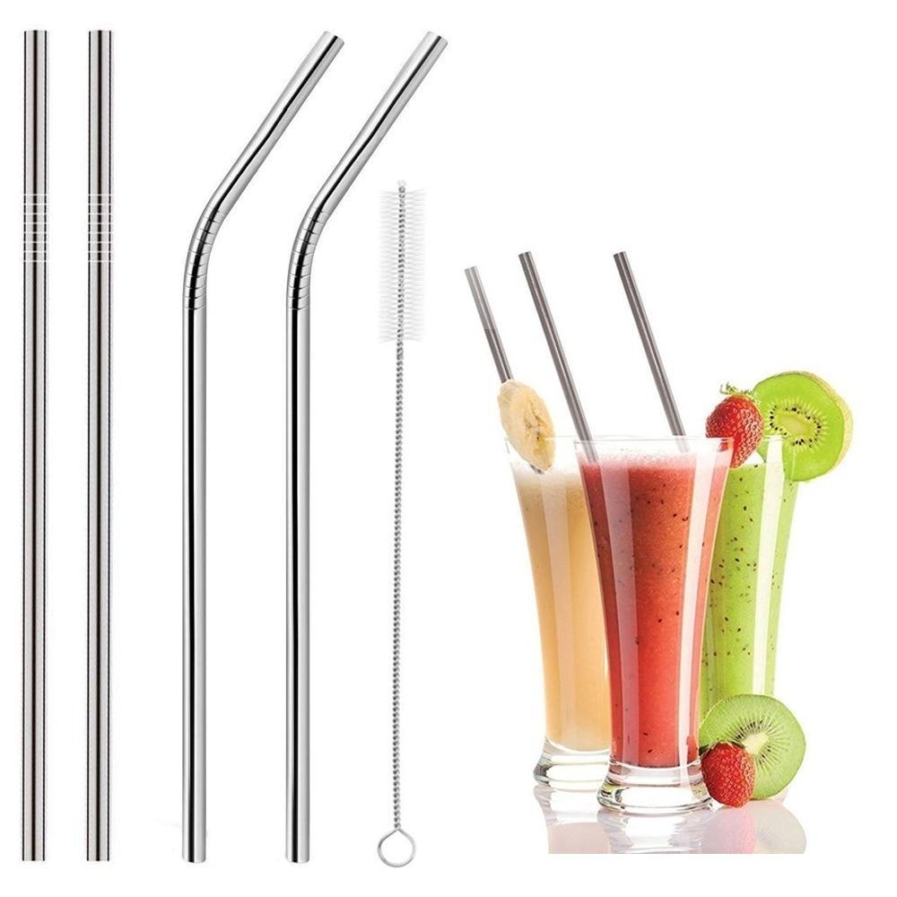 Set of 4 Stainless Steel Straws with Brush (Straight & Bent)