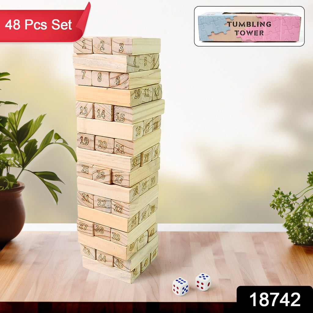 Wooden Tumbling Stacking Tower Game (48 Pcs, 2 Dices)