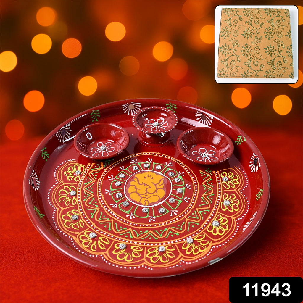 Hand-painted Decorative Pooja Thali With Ganesha Motif And Diyas
