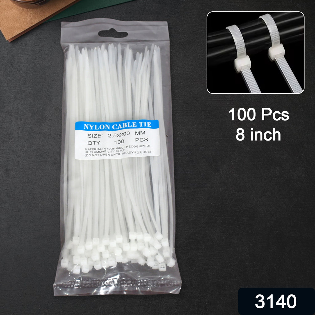8-inch Nylon Self-Locking Cable Ties, Pack of 100