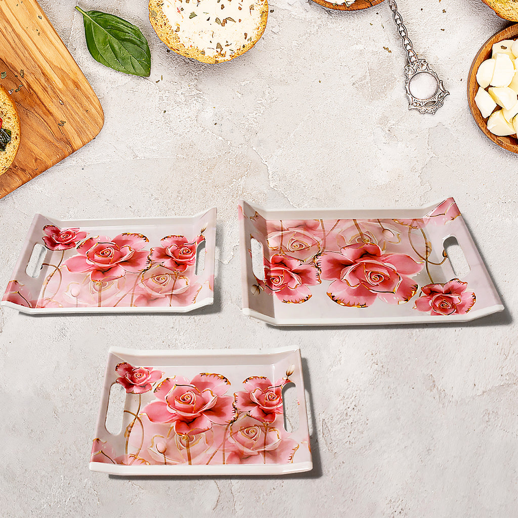 Rectangular Flower Printed Serving Tray 3 Pcs