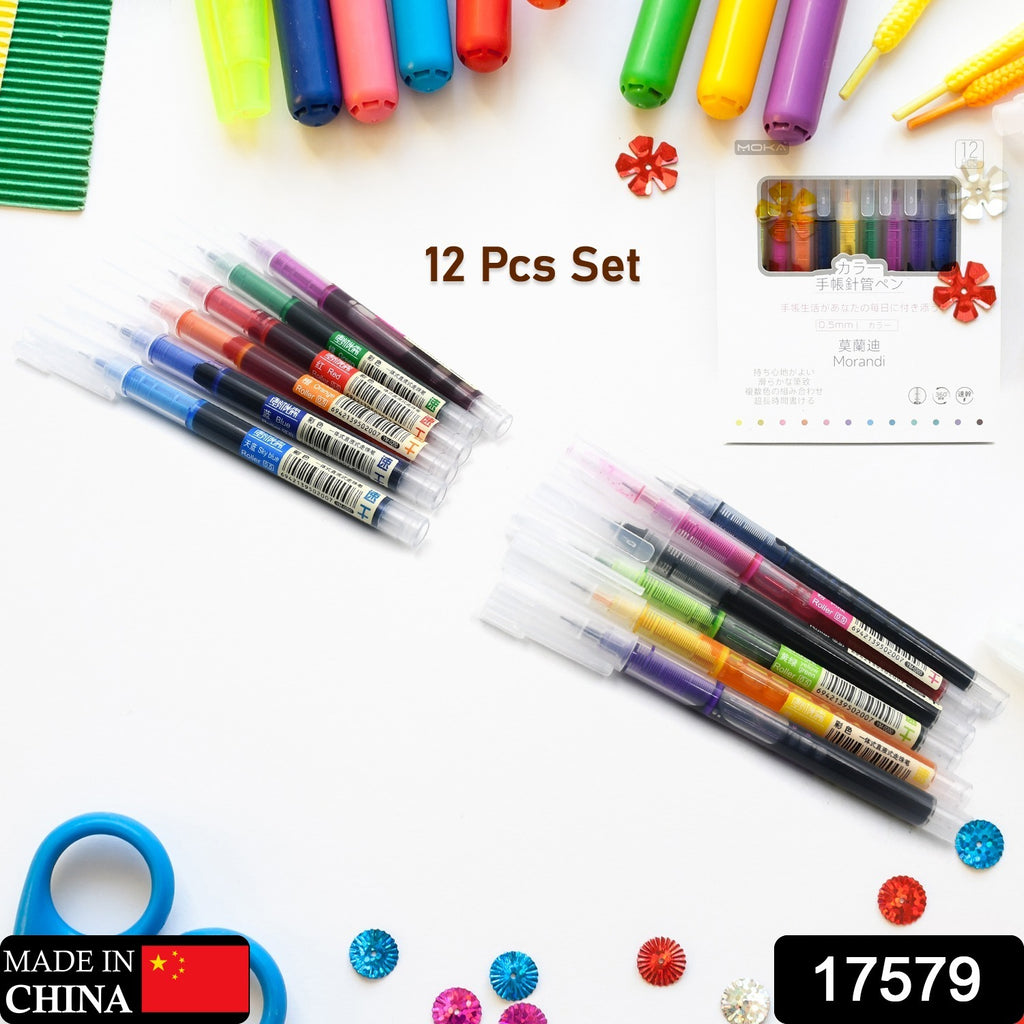 12 Color Rolling Ball Pens for Writing & Drawing (12 Pcs)