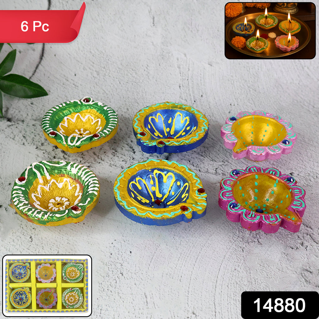 Decorative Hand-painted Clay Diya Set (6 Pc)