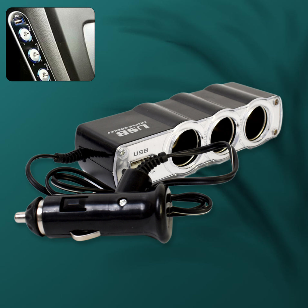 3-Way Car 12V Lighter Socket Splitter USB Charger Adapter