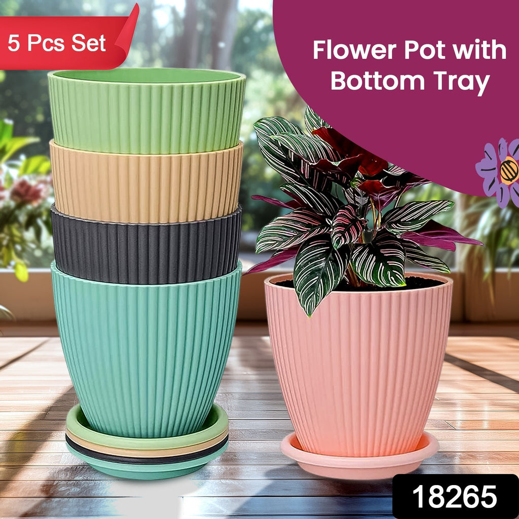 Plastic Flower Pots with Bottom Tray - Set of 5 Pieces