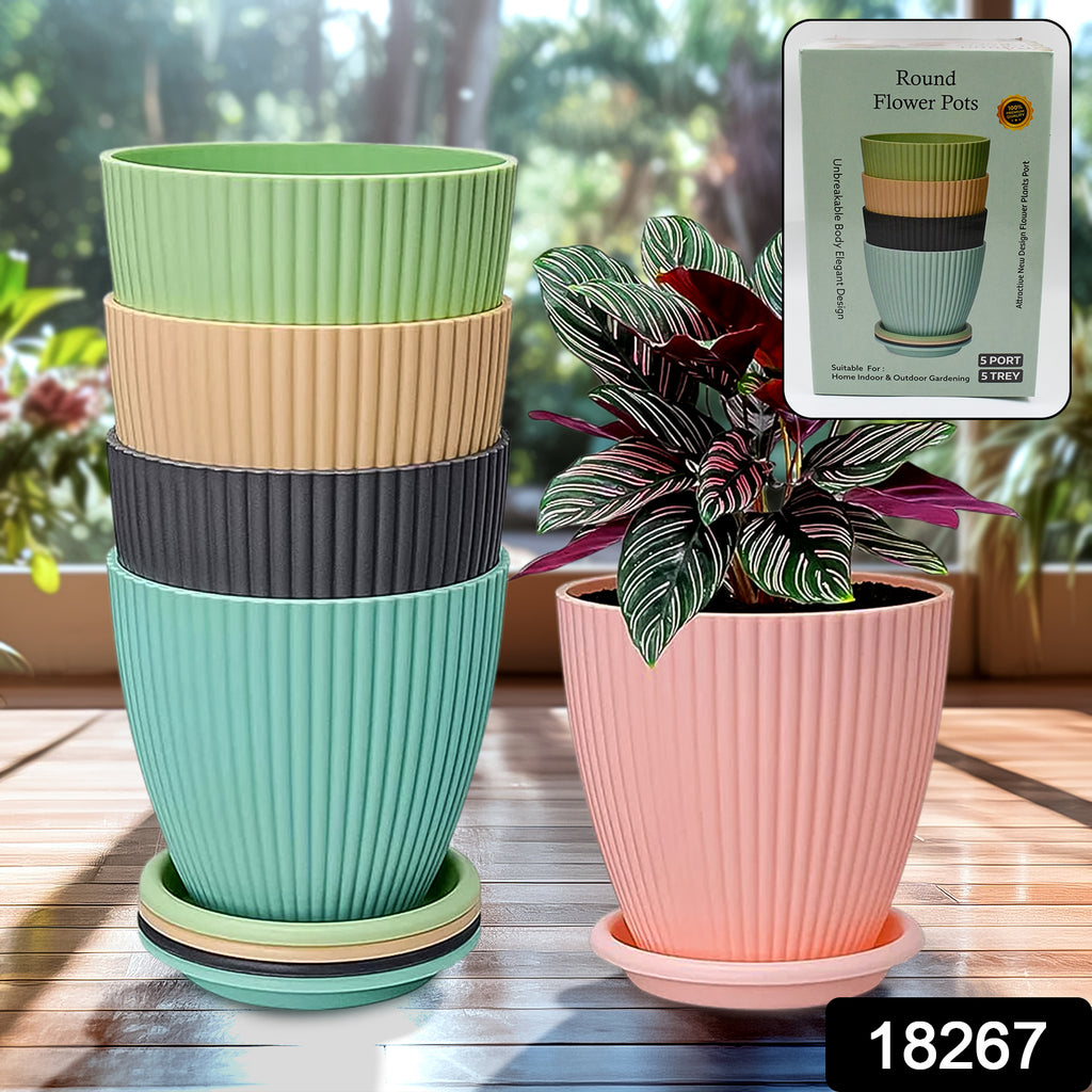 Plastic Flower Pots with Bottom Tray (Set of 5)