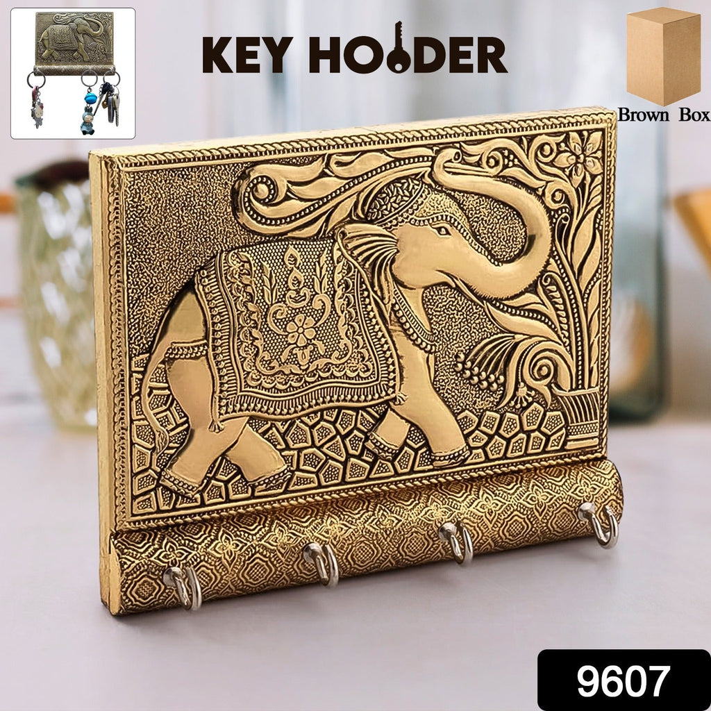 Wooden Key Holder for Home Decor (1 Pc, Gold Elephant)