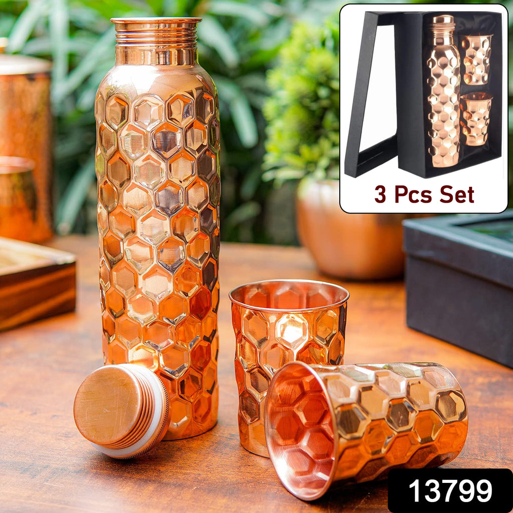 Diamond Cut Copper Water Bottle With Glasses