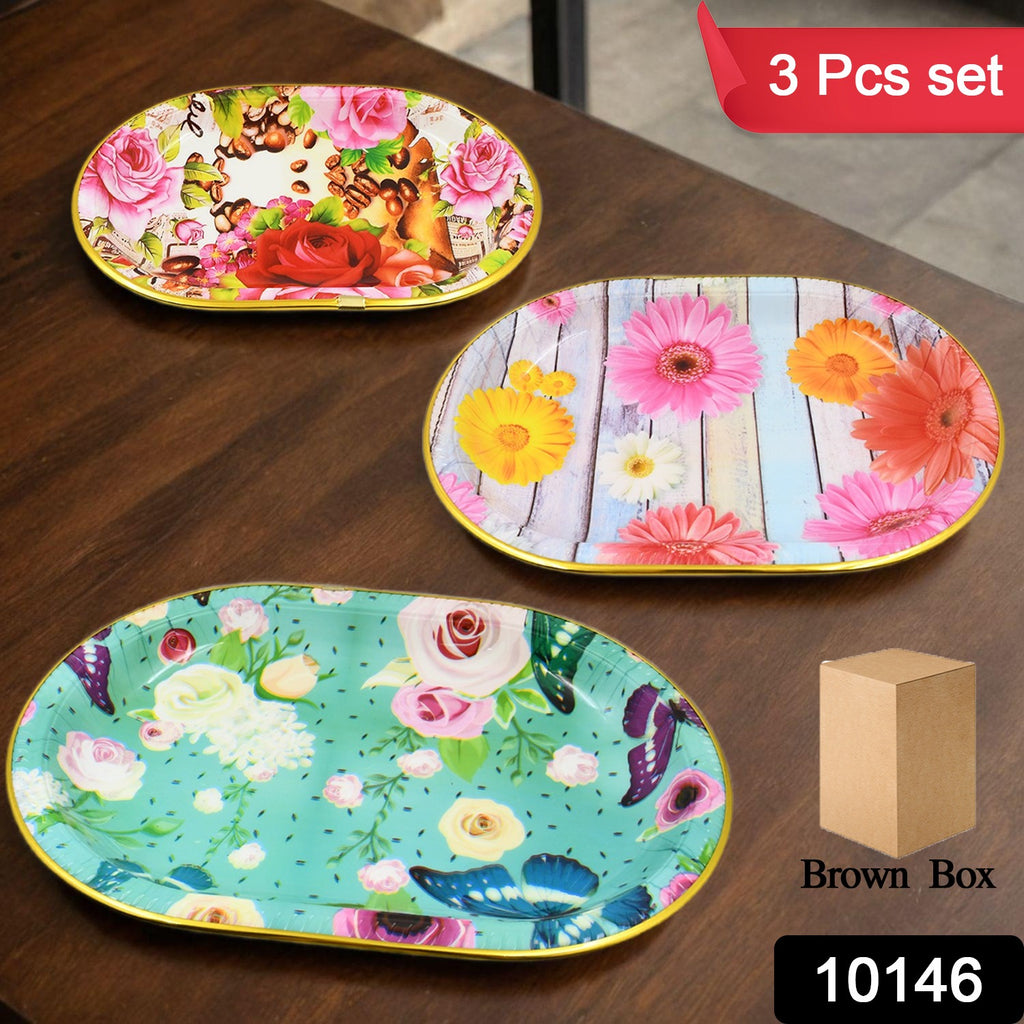 Plastic Flower-Printed Design Serving Tray (3 pcs)