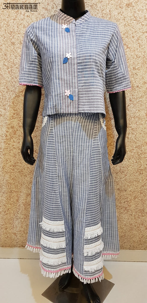 Aavarnam By Renu - Soft Linen Cotton Stripes Top With Kalidar Sharara - D00004 - ALL MY WISH