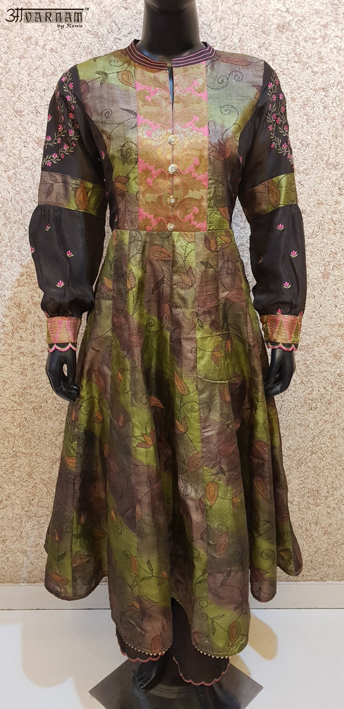 Aavarnam By Renu - Embroidered Tussar Silk Kalidar Dress With Pallazo - 2857D00025 - ALL MY WISH