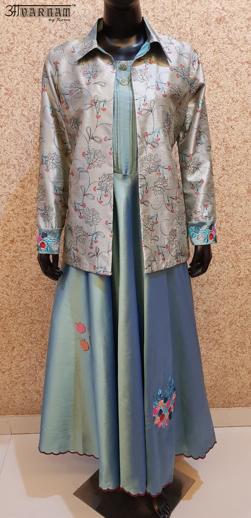 Aavarnam By Renu - Embroidered Flared Silk Dress With Embroidered Jacket - 2864D00035 - ALL MY WISH