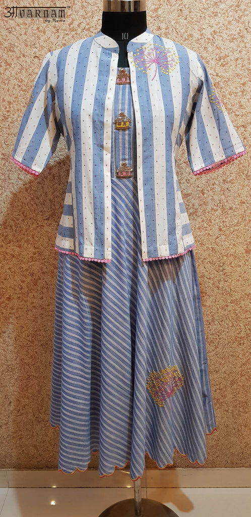Aavarnam By Renu - Embroidered Flared Stripes Cotton Dress With Embroidered Jacket - 2001D00037 - ALL MY WISH