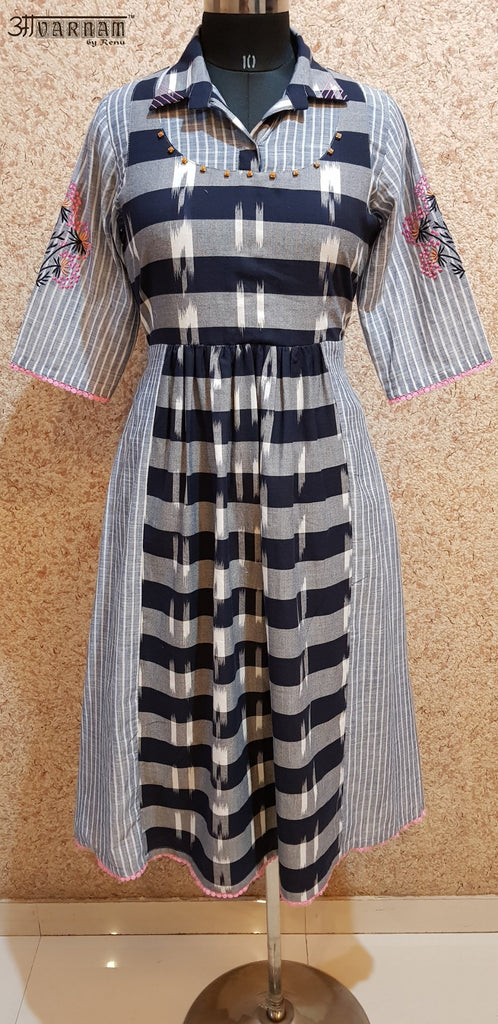 Aavarnam By Renu - Embroidered Stripes Cotton Dress - 2018D00039 - ALL MY WISH