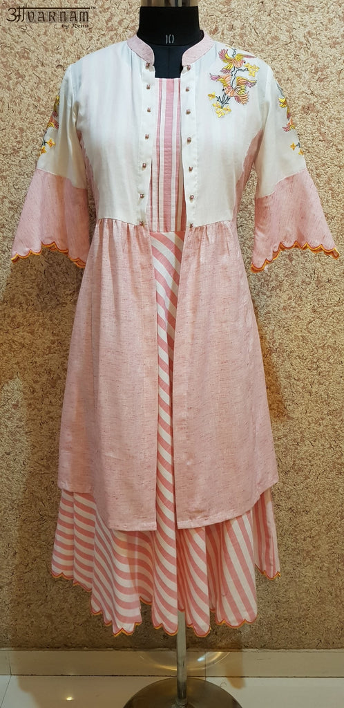 Aavarnam By Renu - Flared Cotton Stripes Dress With Long Embroidered Cape - 2003D00040 - ALL MY WISH