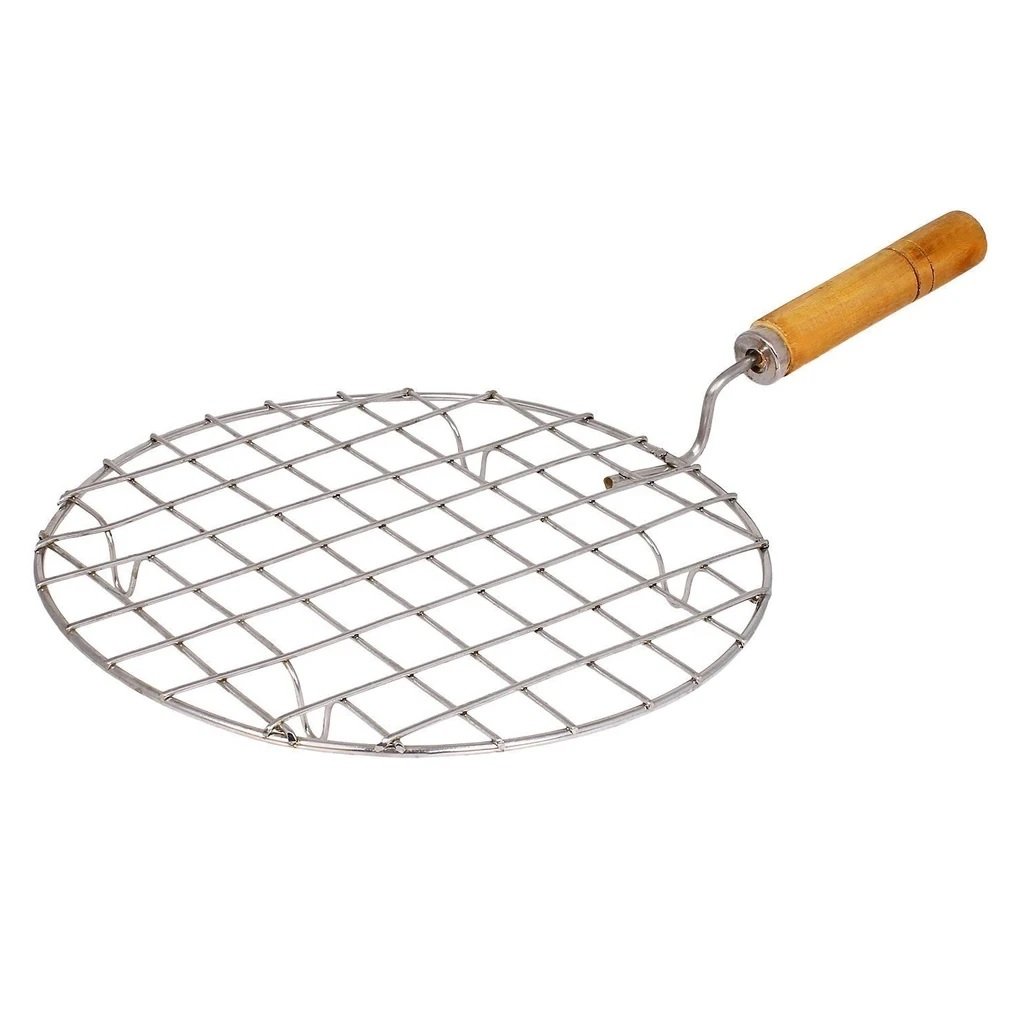 Round Stainless Steel  Papad Jali, Barbecue Grill with Wooden Handle - H00803 - ALL MY WISH