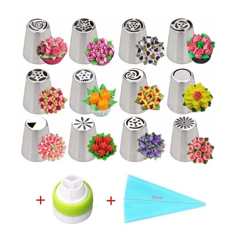 Buy 14 Pc/Set Russian Icing Piping Nozzles Stainless Steel and Piping Bag - H01103