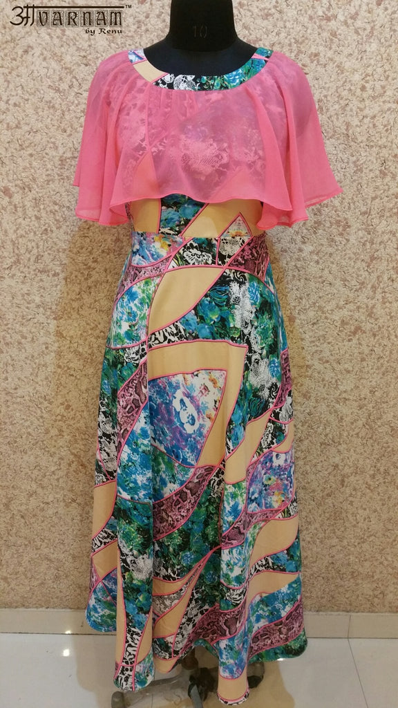 Aavarnam By Renu - Multi Colored Flared Dress With Cape - EIBRK00483 - ALL MY WISH