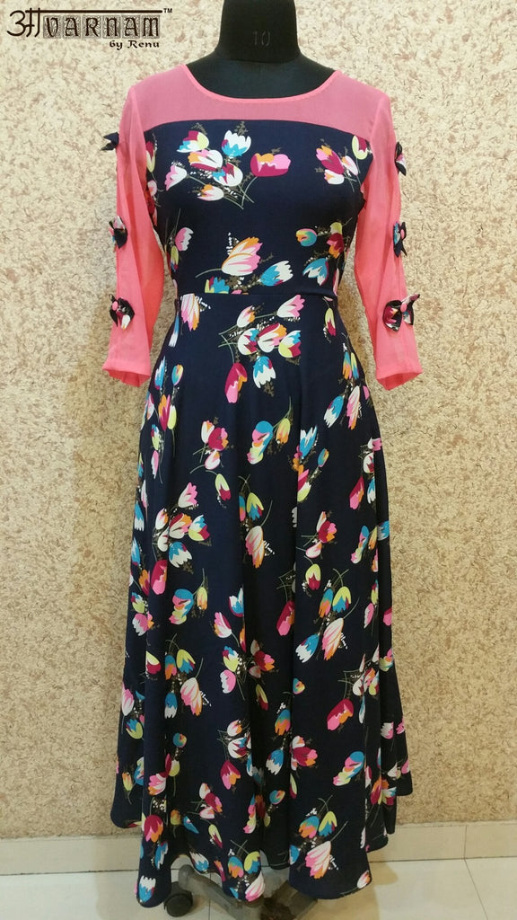 Aavarnam By Renu - Navy Blue Flared Maxi Dress - EBVRK00524 - ALL MY WISH