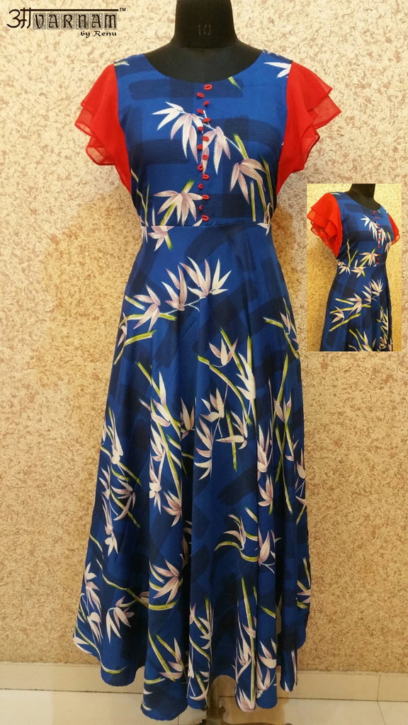 Aavarnam By Renu - Blue Flared Maxi Dress With Layered Sleeves - ENBRK00555 - ALL MY WISH