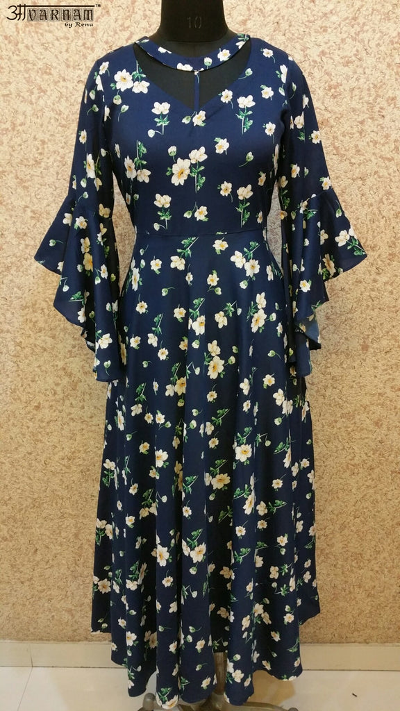 Aavarnam By Renu - Navy Blue Flared Maxi Dress With Flared Sleeves - ENBRK00645 - ALL MY WISH