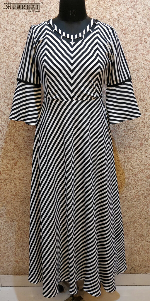 Aavarnam By Renu - Black White Stripes Flared Dress - EDVRK00683 - ALL MY WISH