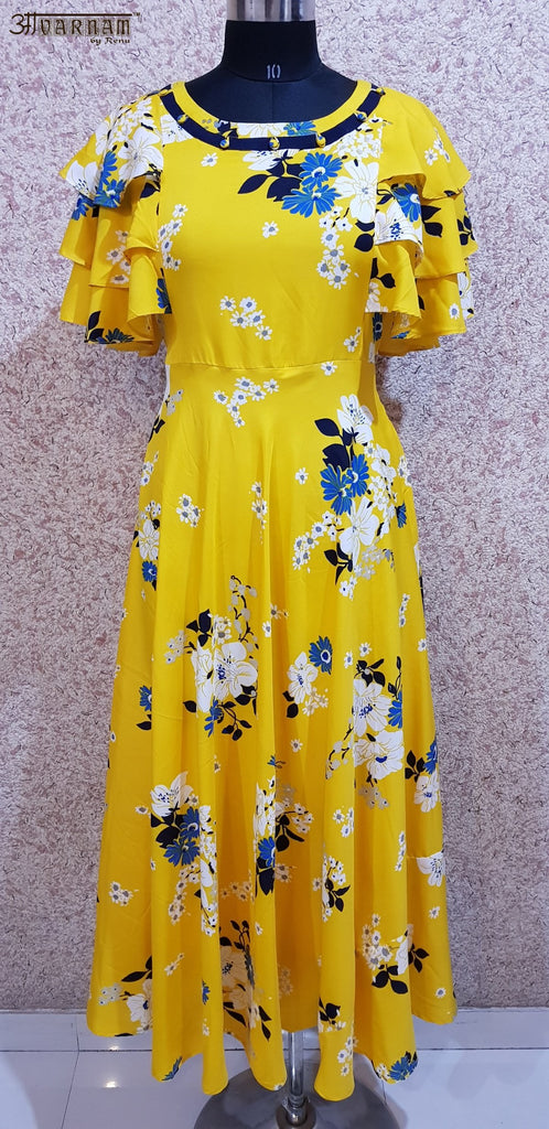 Aavarnam By Renu - Yellow Flared Floral Maxi Dress With Layered Sleeves - GVVBRK00708 - ALL MY WISH