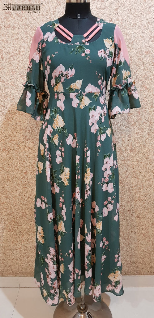 Aavarnam By Renu - Flared Floral Maxi Dress - EEBRK00710 - ALL MY WISH