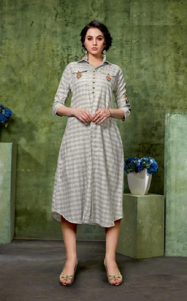 Embroidered Long Cotton Kurti With Front Slit  - R00049 - ALL MY WISH