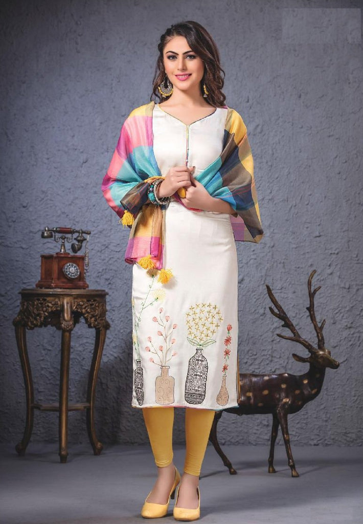 Embroidered Long Cotton Kurti With Stole - R00053 - ALL MY WISH