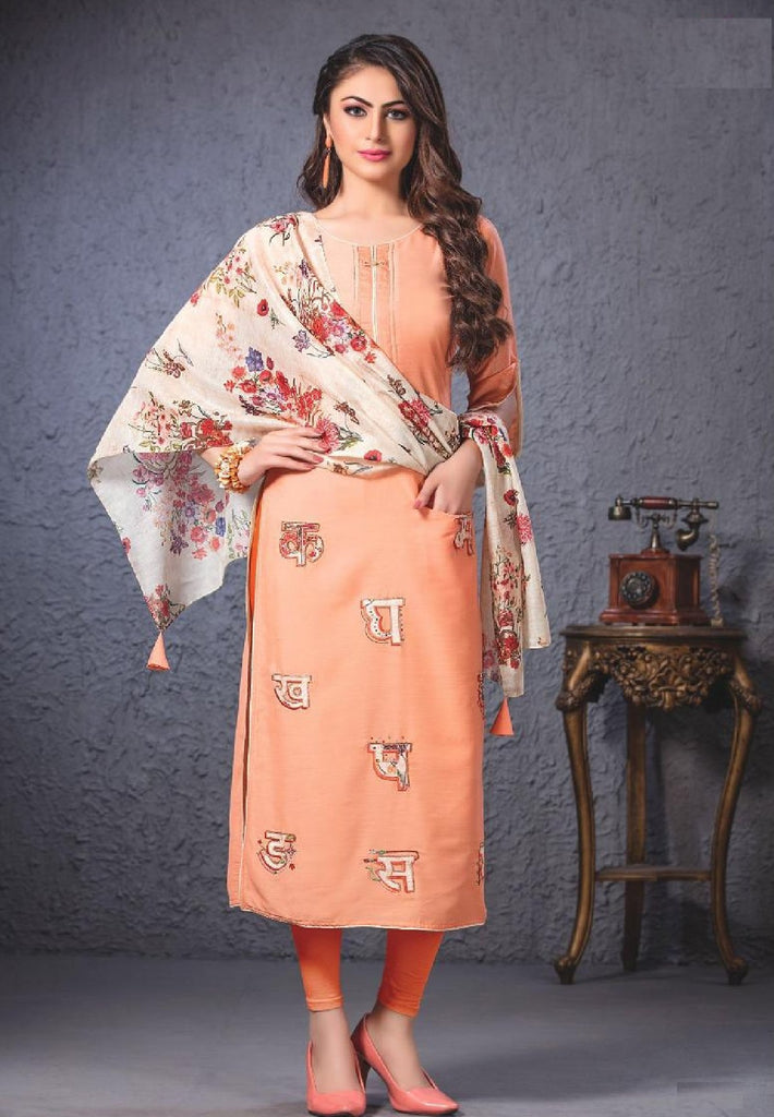 Embroidered Long Cotton Kurti With Stole - R00055 - ALL MY WISH
