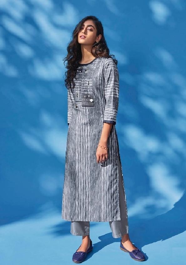 Cotton Stripes Embroidered  Kurti - R00233 - ALL MY WISH
