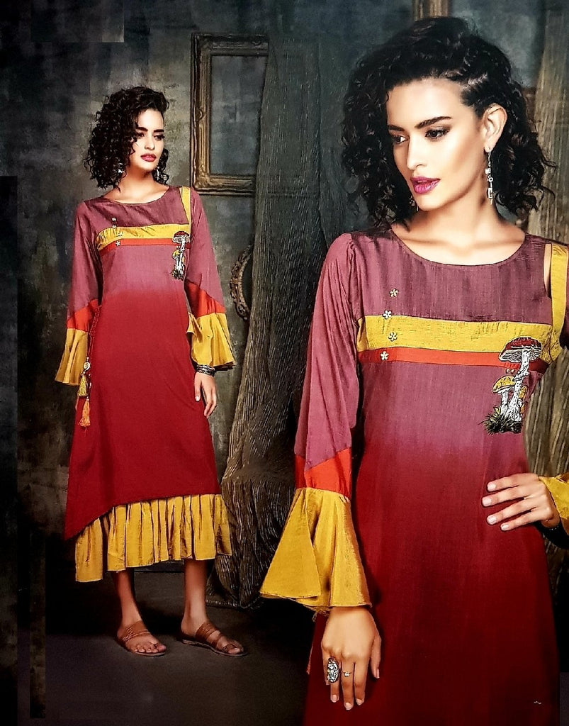 Embroidered Semi - Formal Gathered Kurti - R00290 - ALL MY WISH