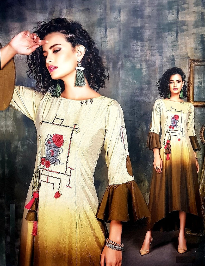 Embroidered High - Low Shaded Semi - Formal Kurti - R00291 - ALL MY WISH